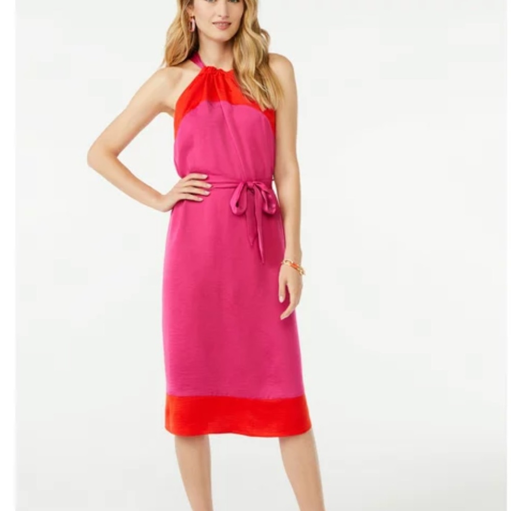 Scoop halter midi dress pink red color black size large 12-14 NWT